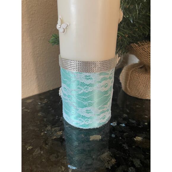 Turquoise Blue Handcrafted Pillar Candle With Butterflies - Picture 4 of 6